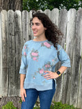 Denim Floral Short Sleeve Sweatshirt