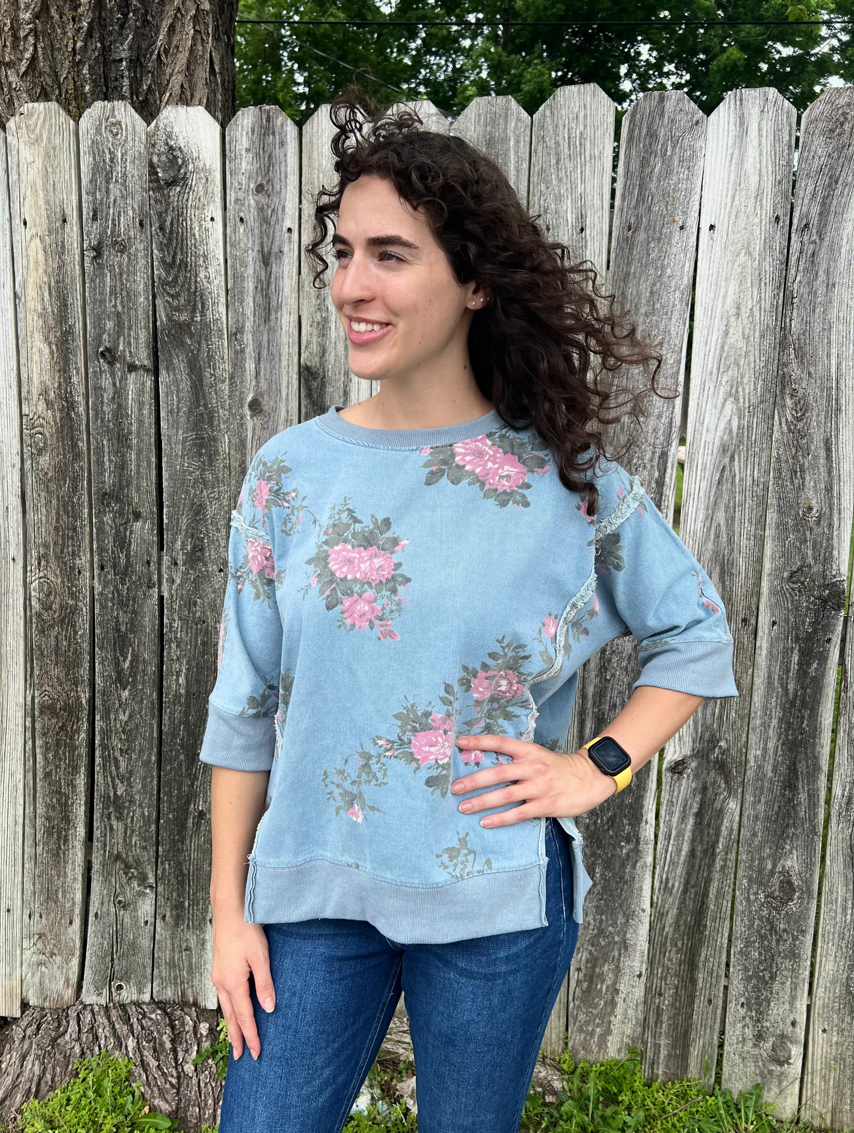 Denim Floral Short Sleeve Sweatshirt