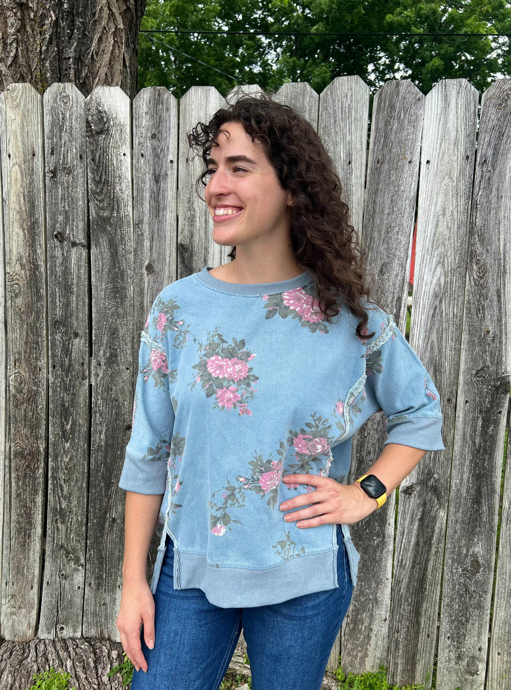 Denim Floral Short Sleeve Sweatshirt