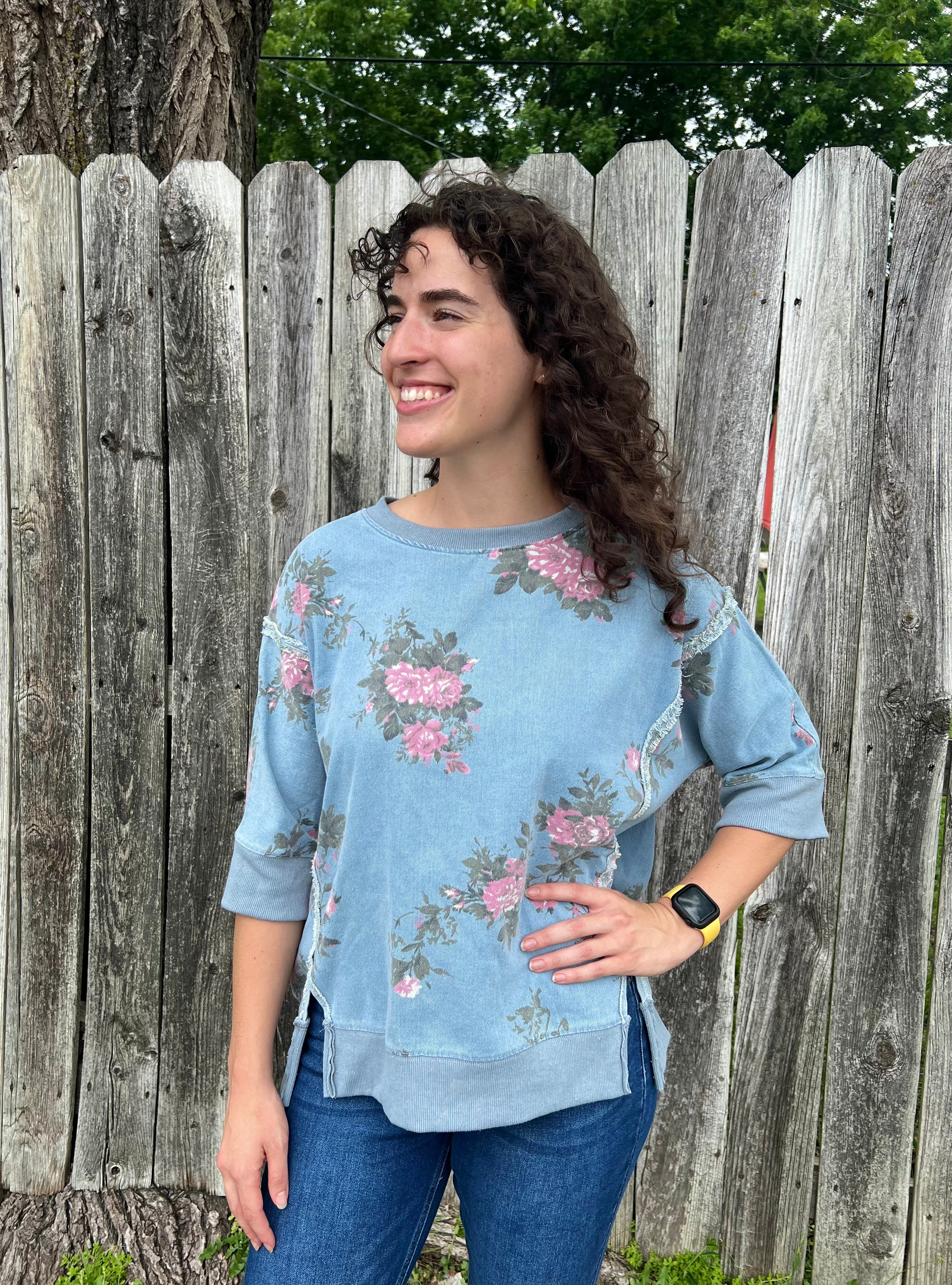 Denim Floral Short Sleeve Sweatshirt