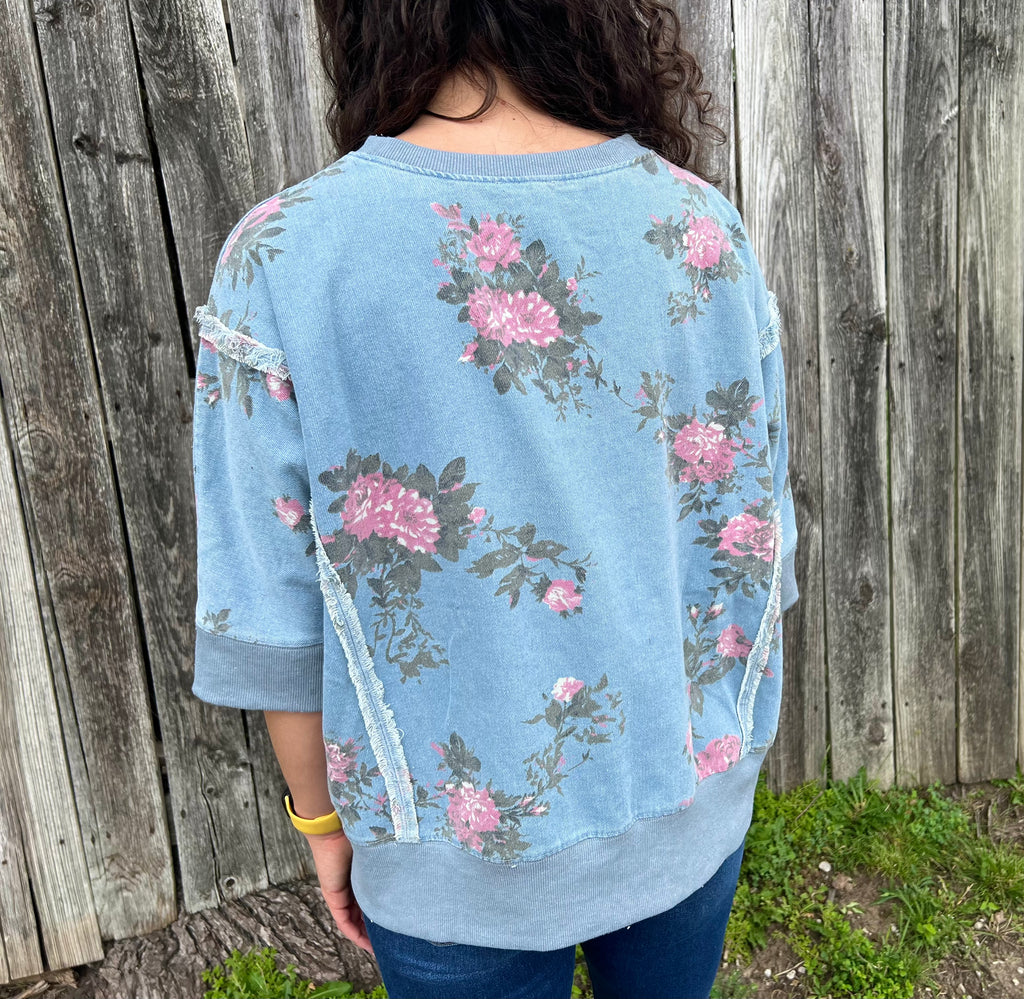 Denim Floral Short Sleeve Sweatshirt