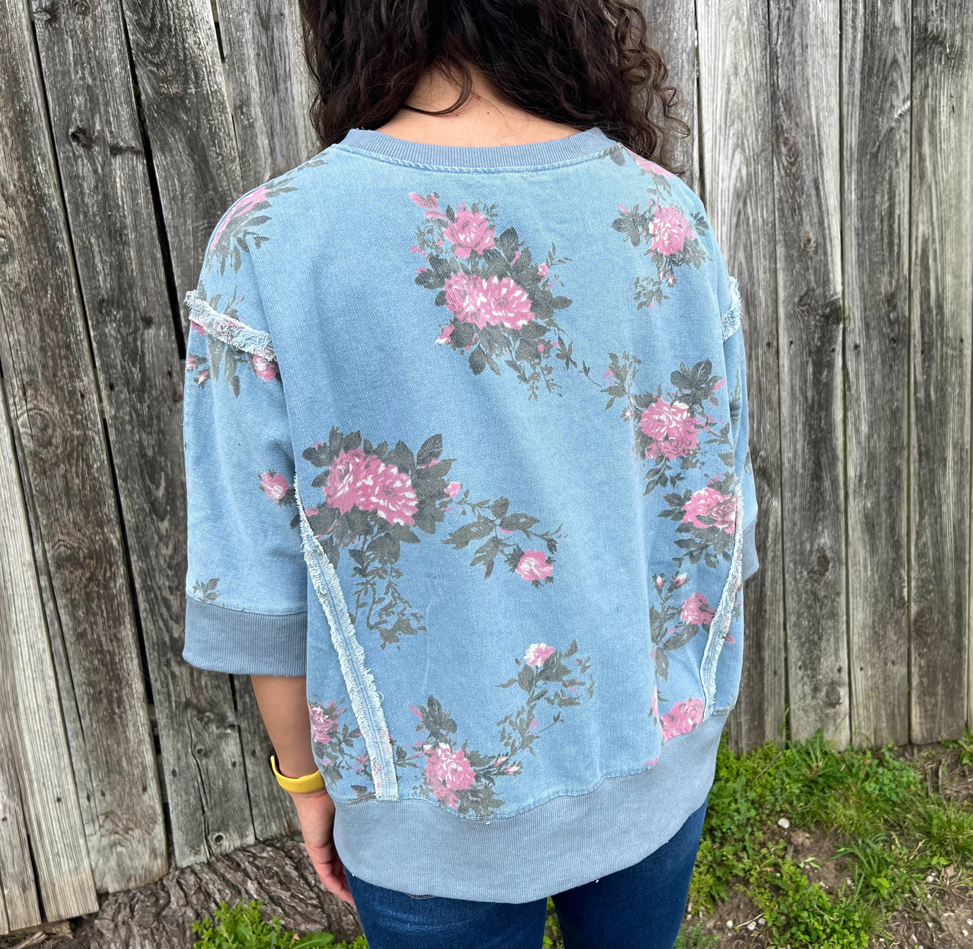 Denim Floral Short Sleeve Sweatshirt