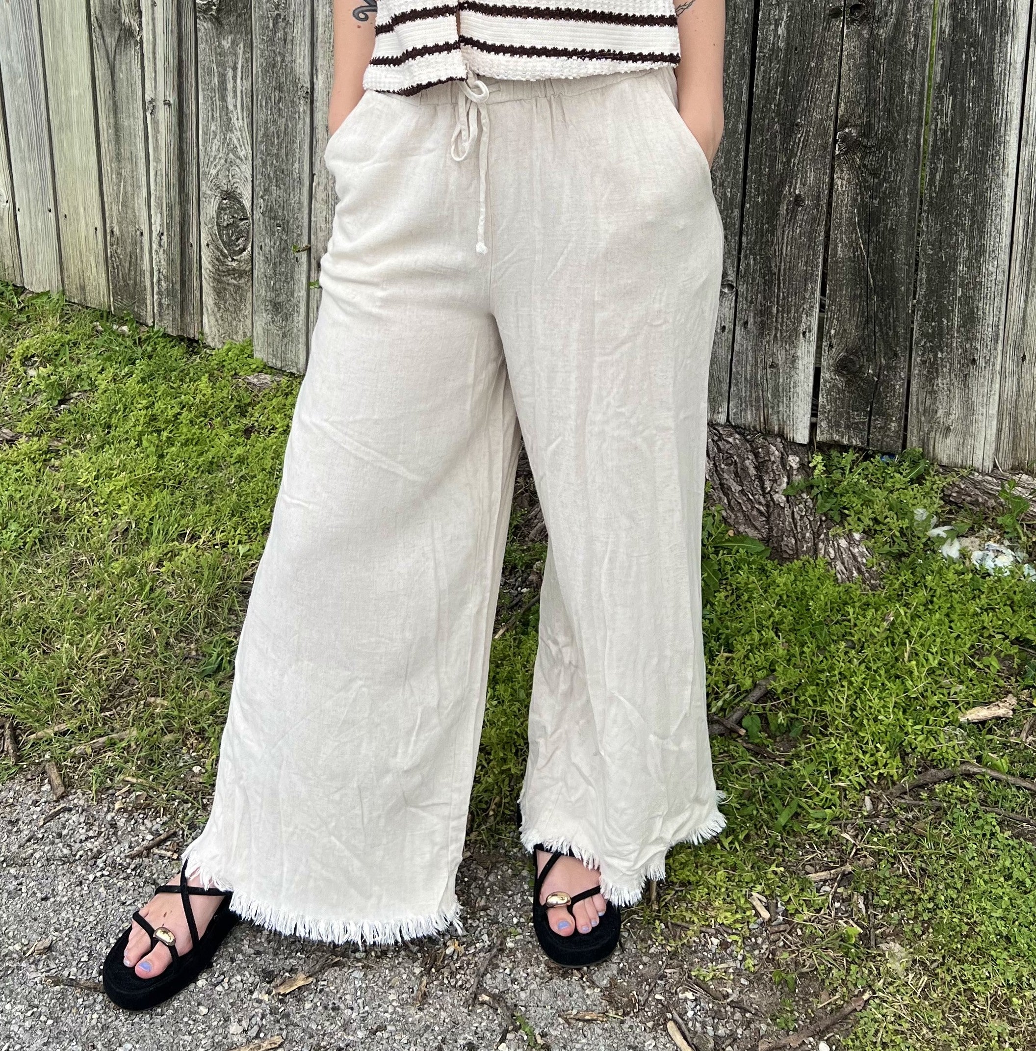 Beige Linen Frayed Pants