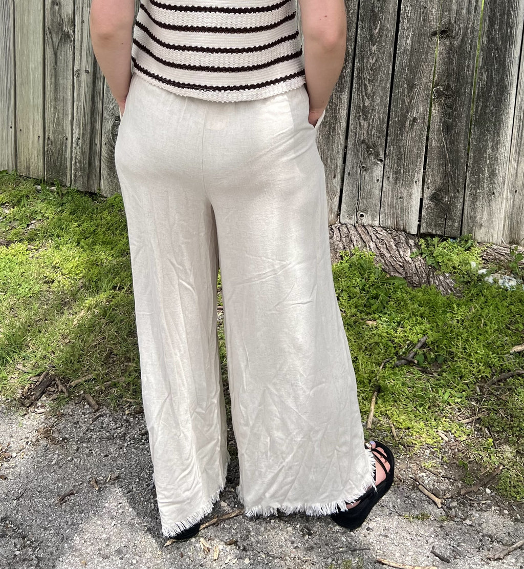 Beige Linen Frayed Pants