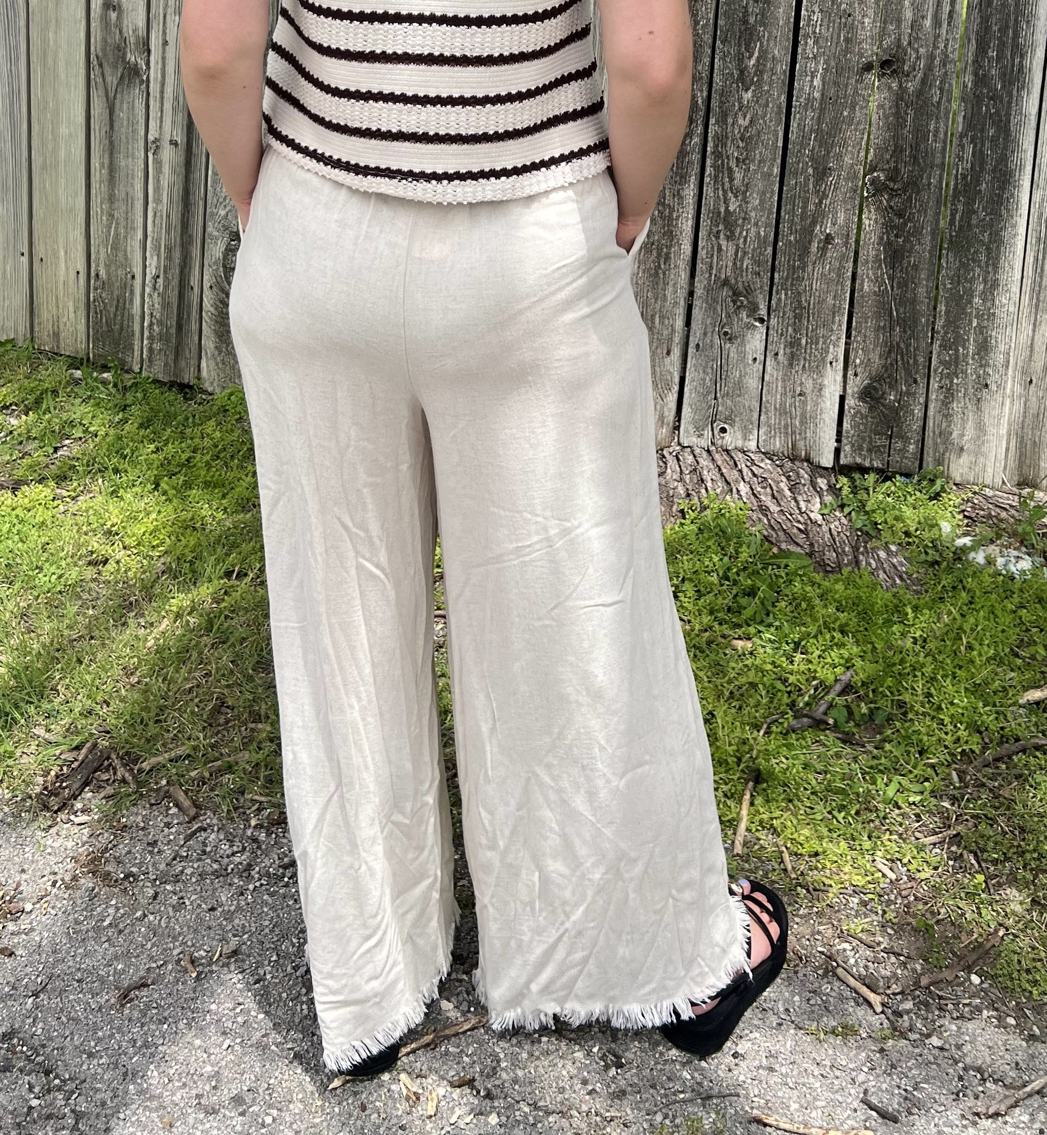 Beige Linen Frayed Pants