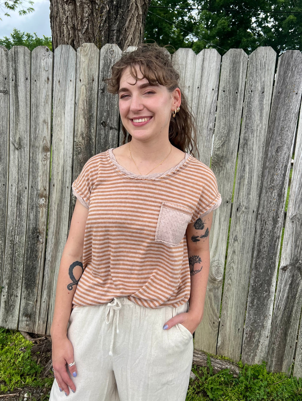 Tan Striped Pocket T-Shirt