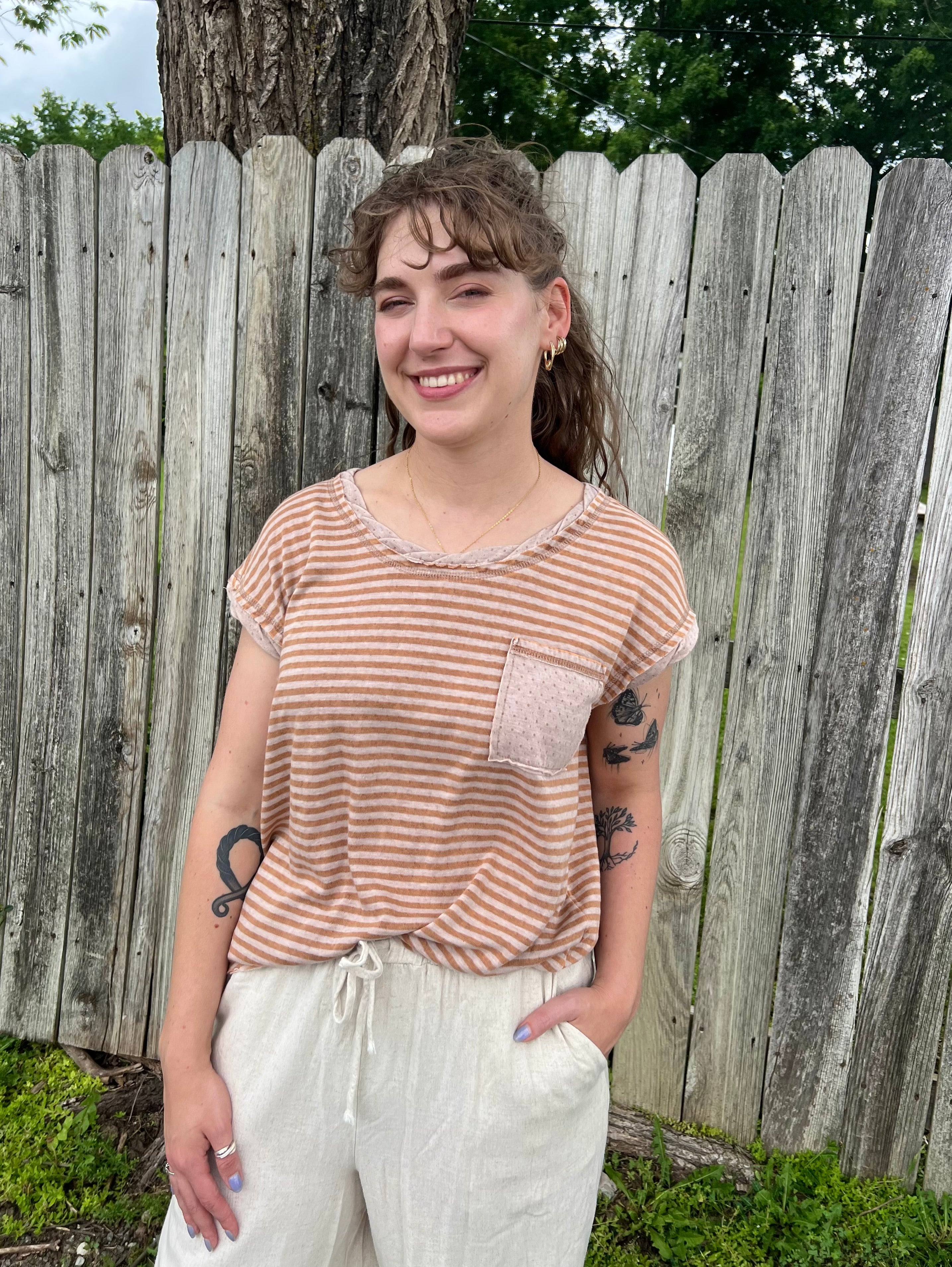 Tan Striped Pocket T-Shirt
