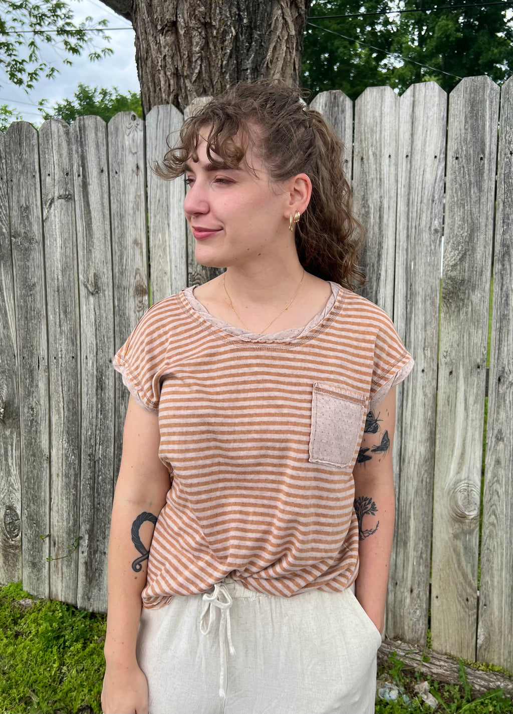 Tan Striped Pocket T-Shirt
