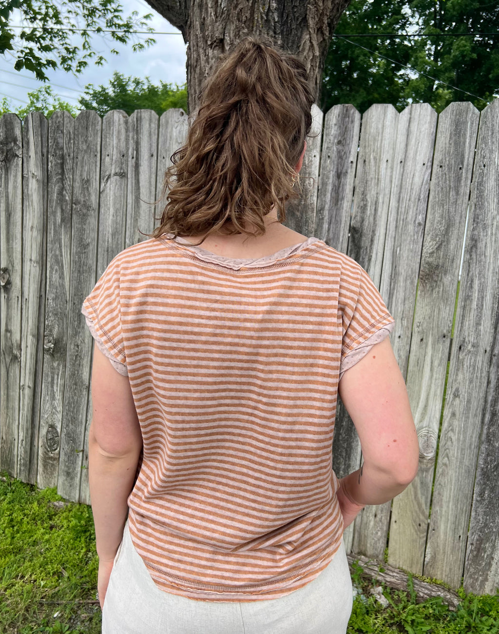 Tan Striped Pocket T-Shirt