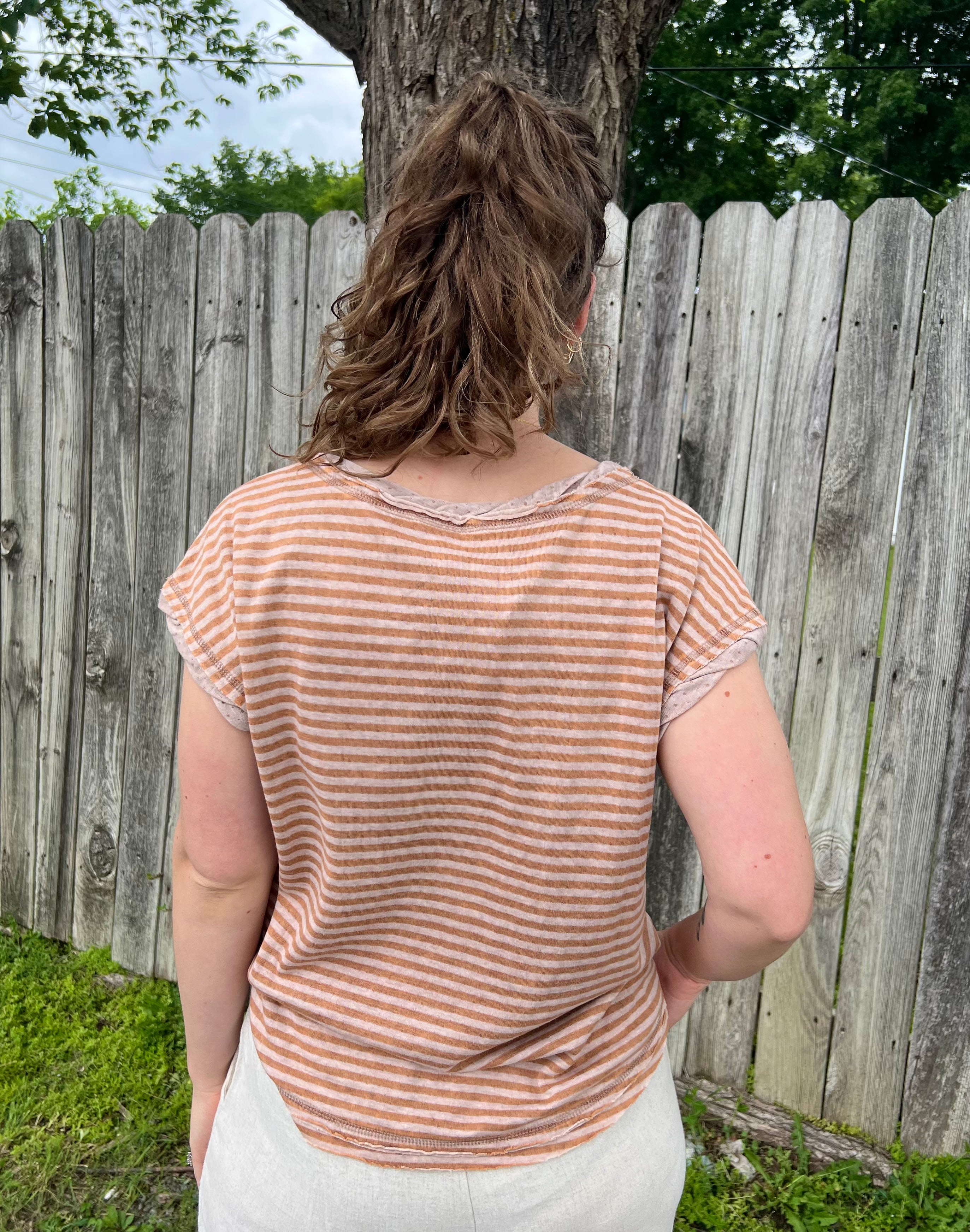 Tan Striped Pocket T-Shirt