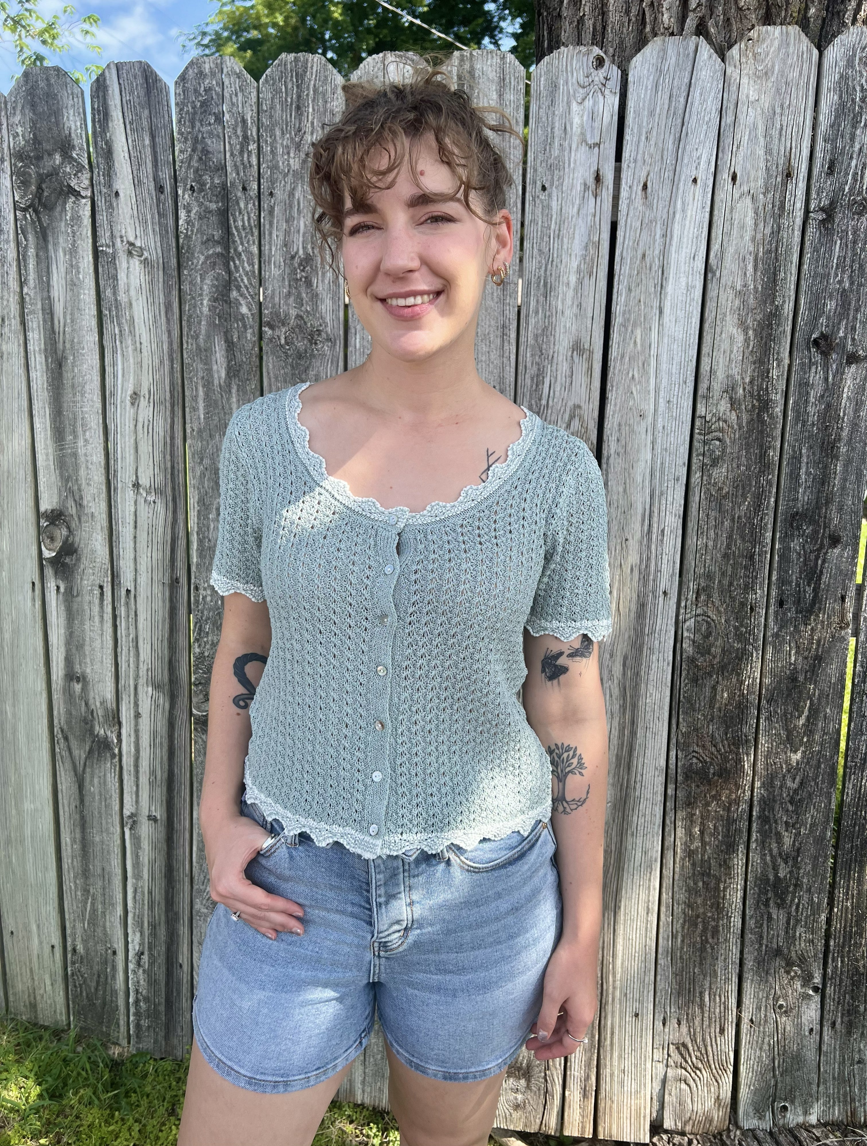 Dusty Teal Crochet Button Up Top