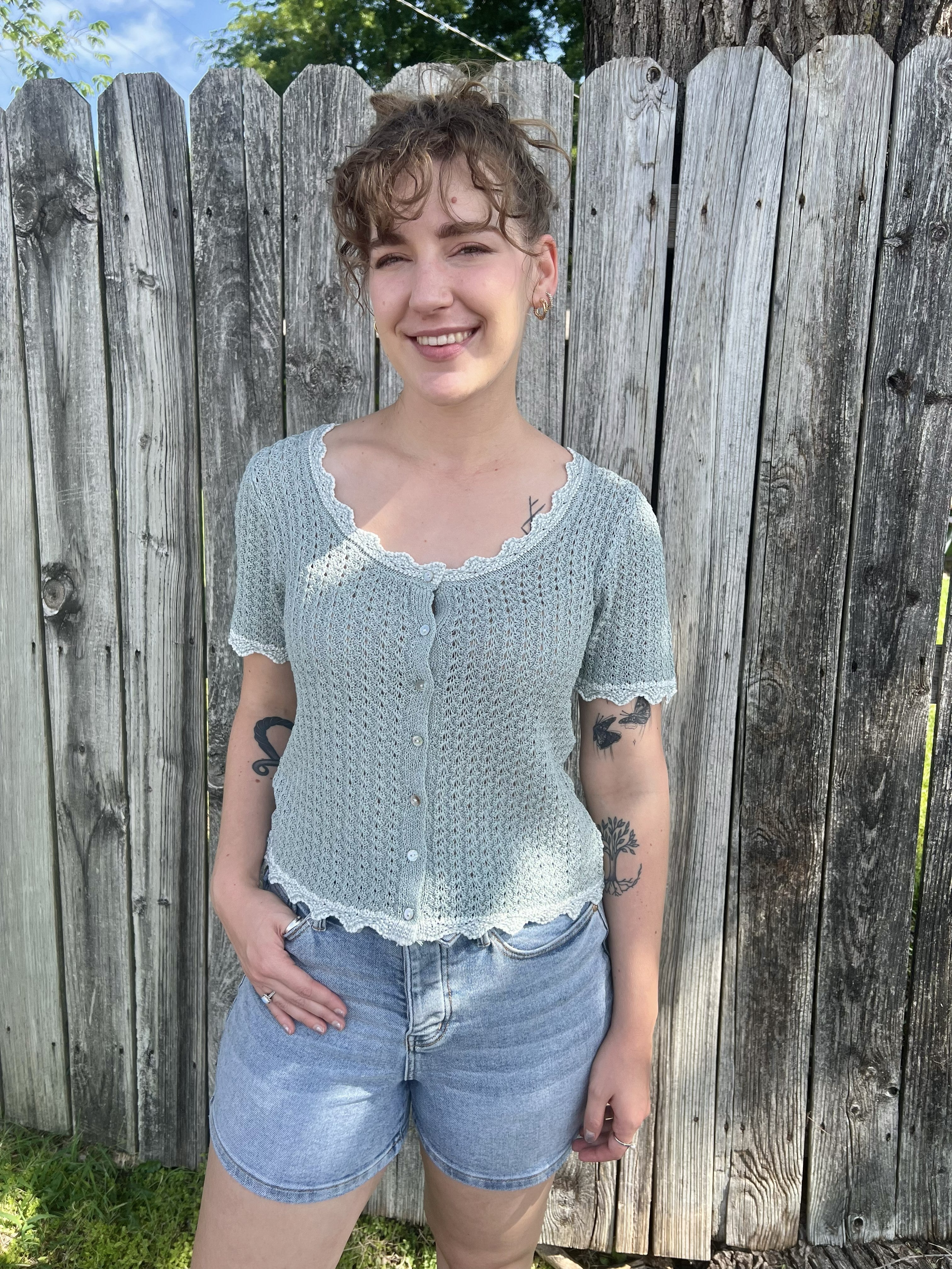 Dusty Teal Crochet Button Up Top