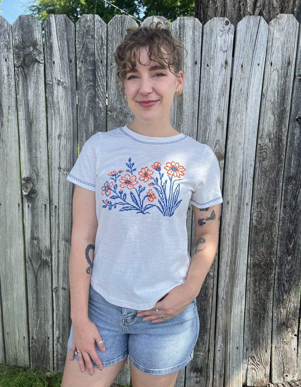 Blue and Orange Flower Stitch White Tee