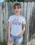 Blue and Orange Flower Stitch White Tee