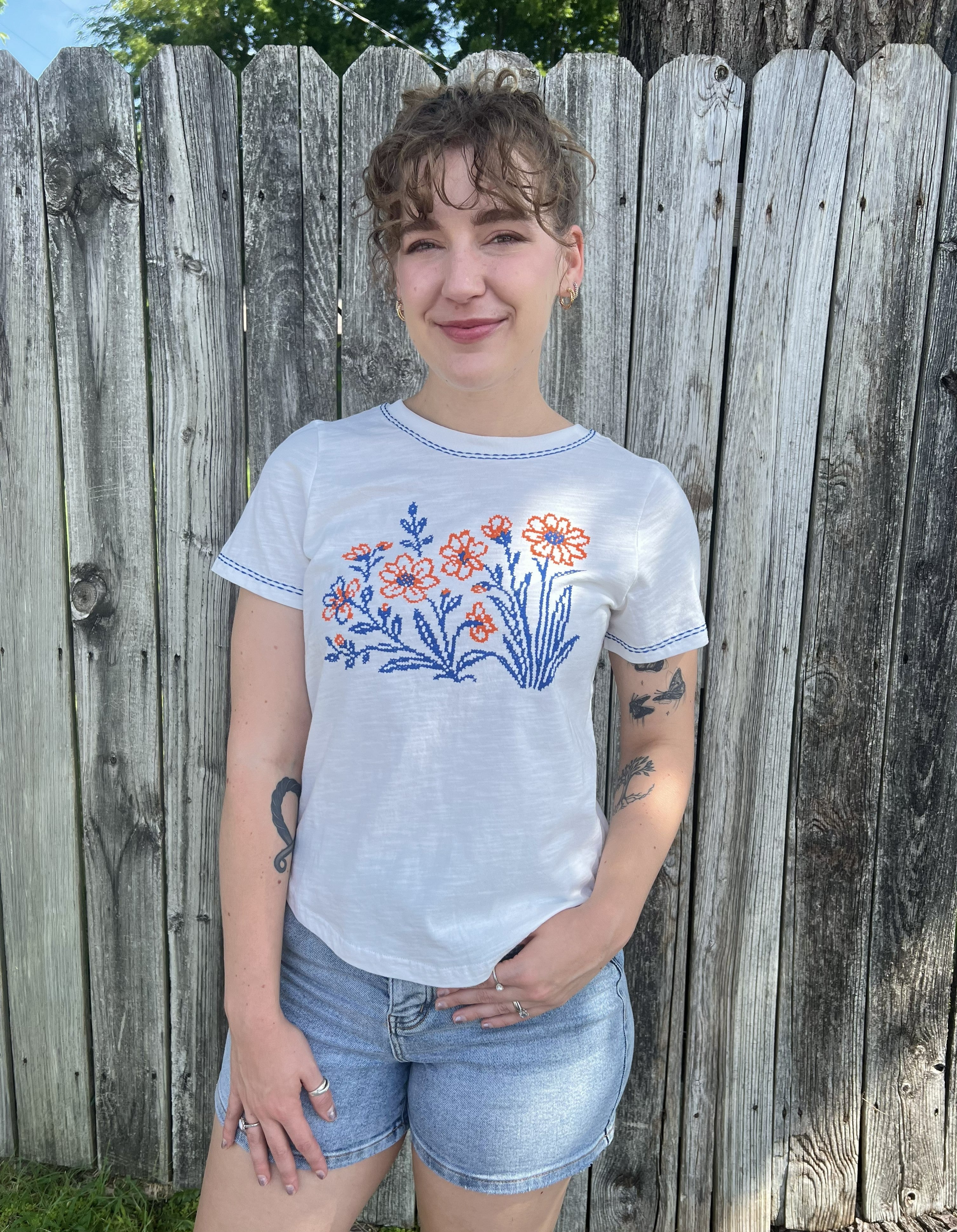 Blue and Orange Flower Stitch White Tee