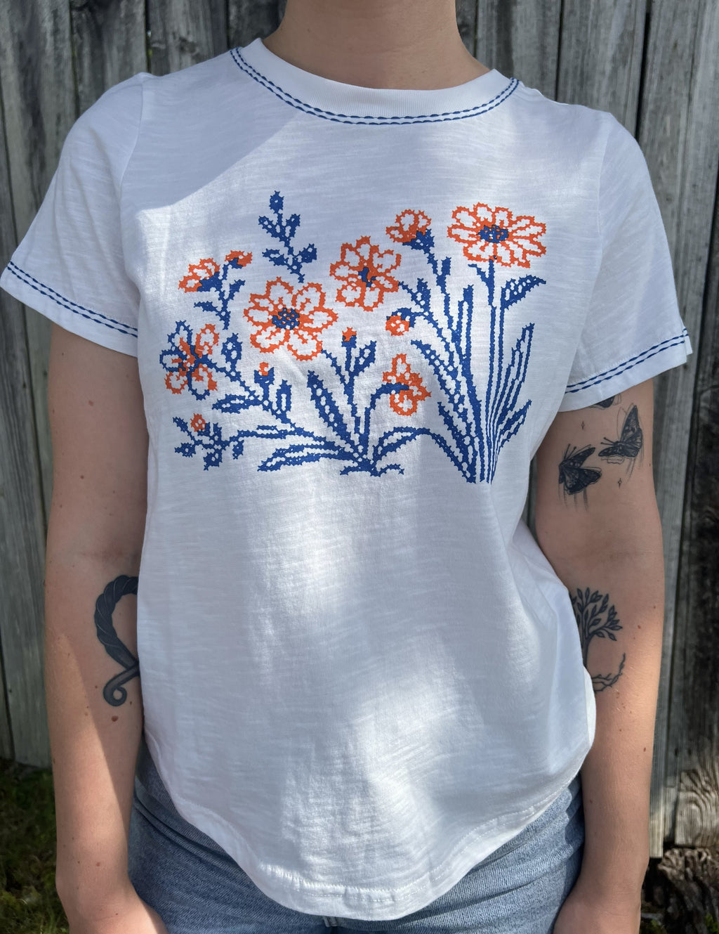 Blue and Orange Flower Stitch White Tee