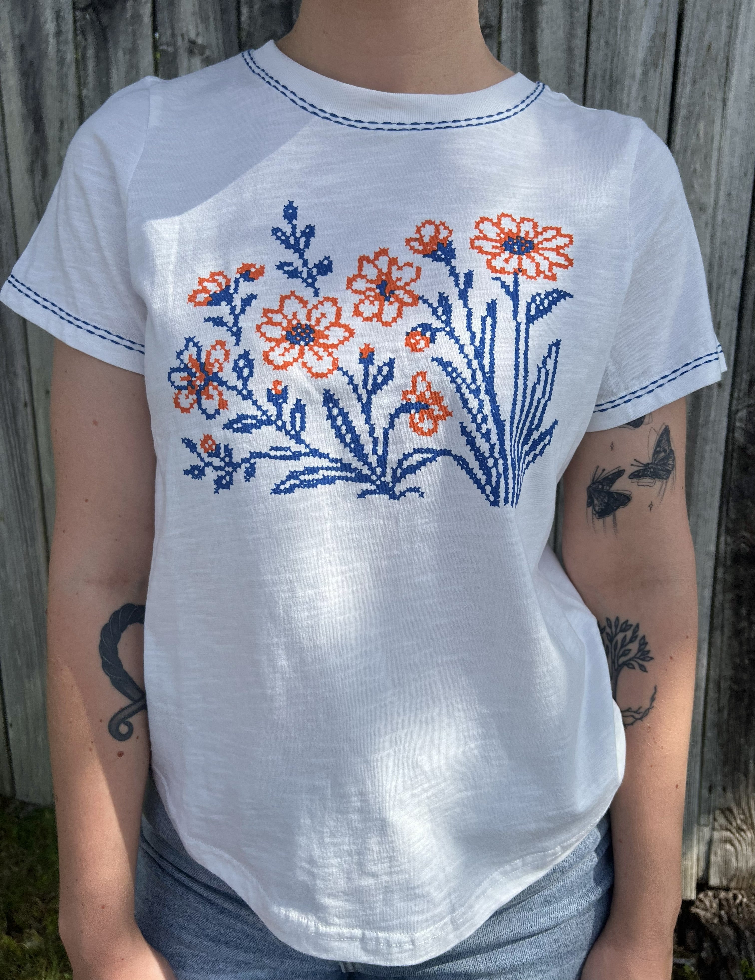 Blue and Orange Flower Stitch White Tee
