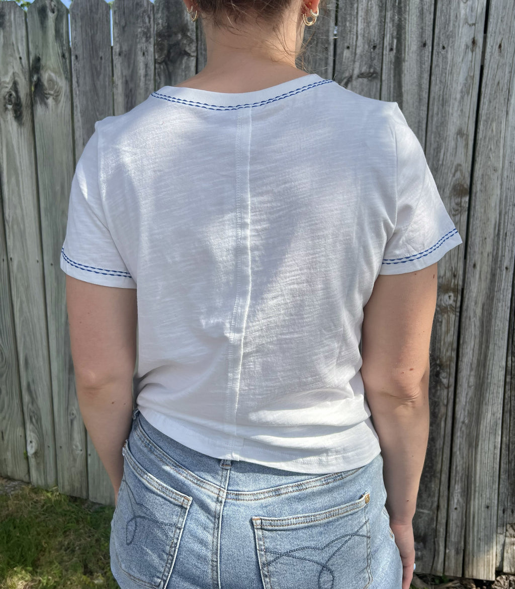 Blue and Orange Flower Stitch White Tee