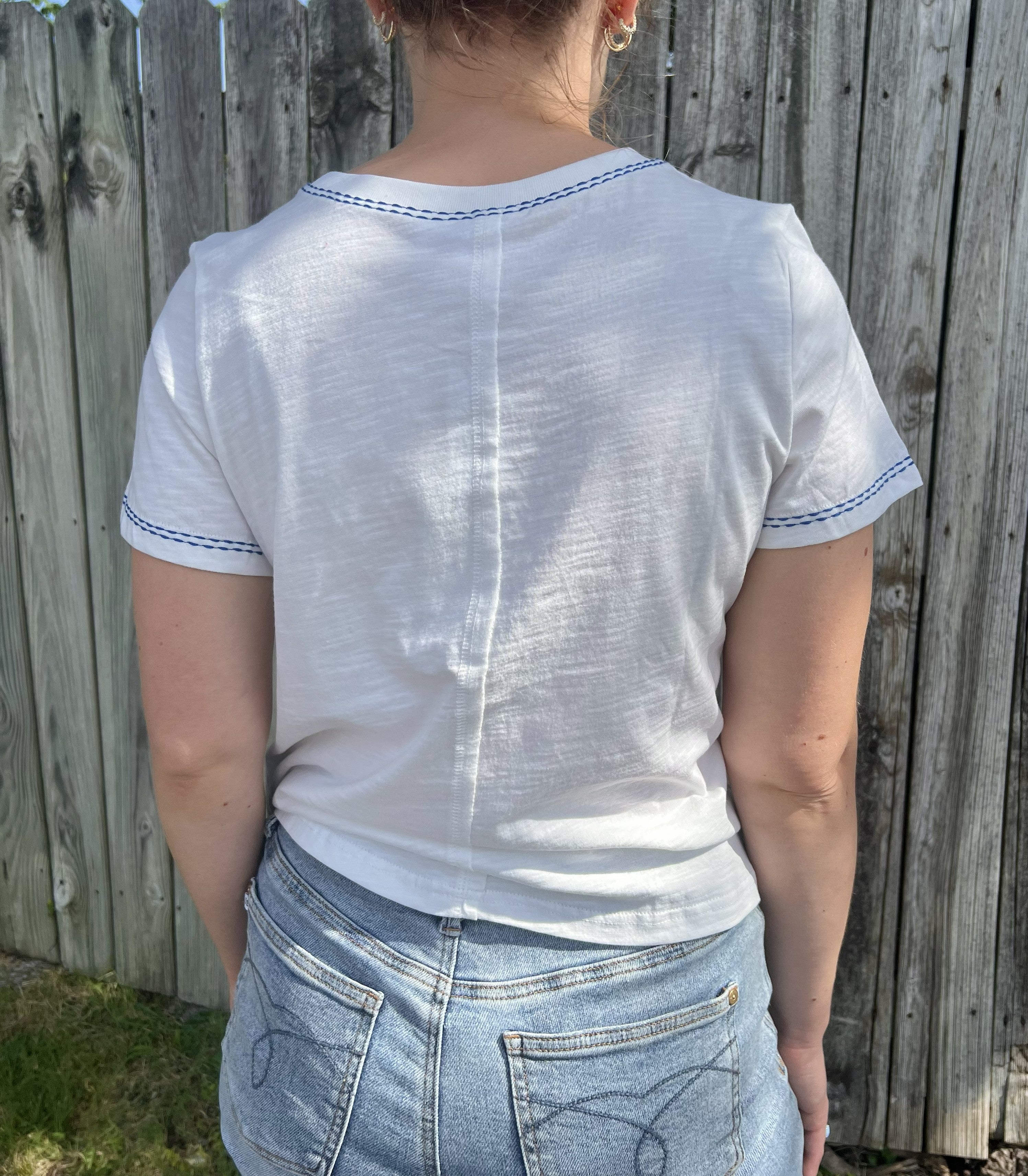 Blue and Orange Flower Stitch White Tee