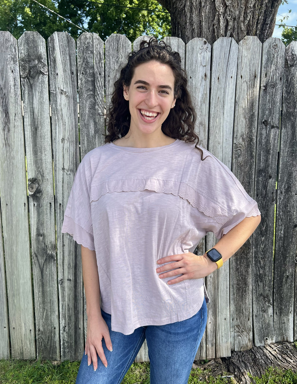 Taupe Lace Sleeve Tee
