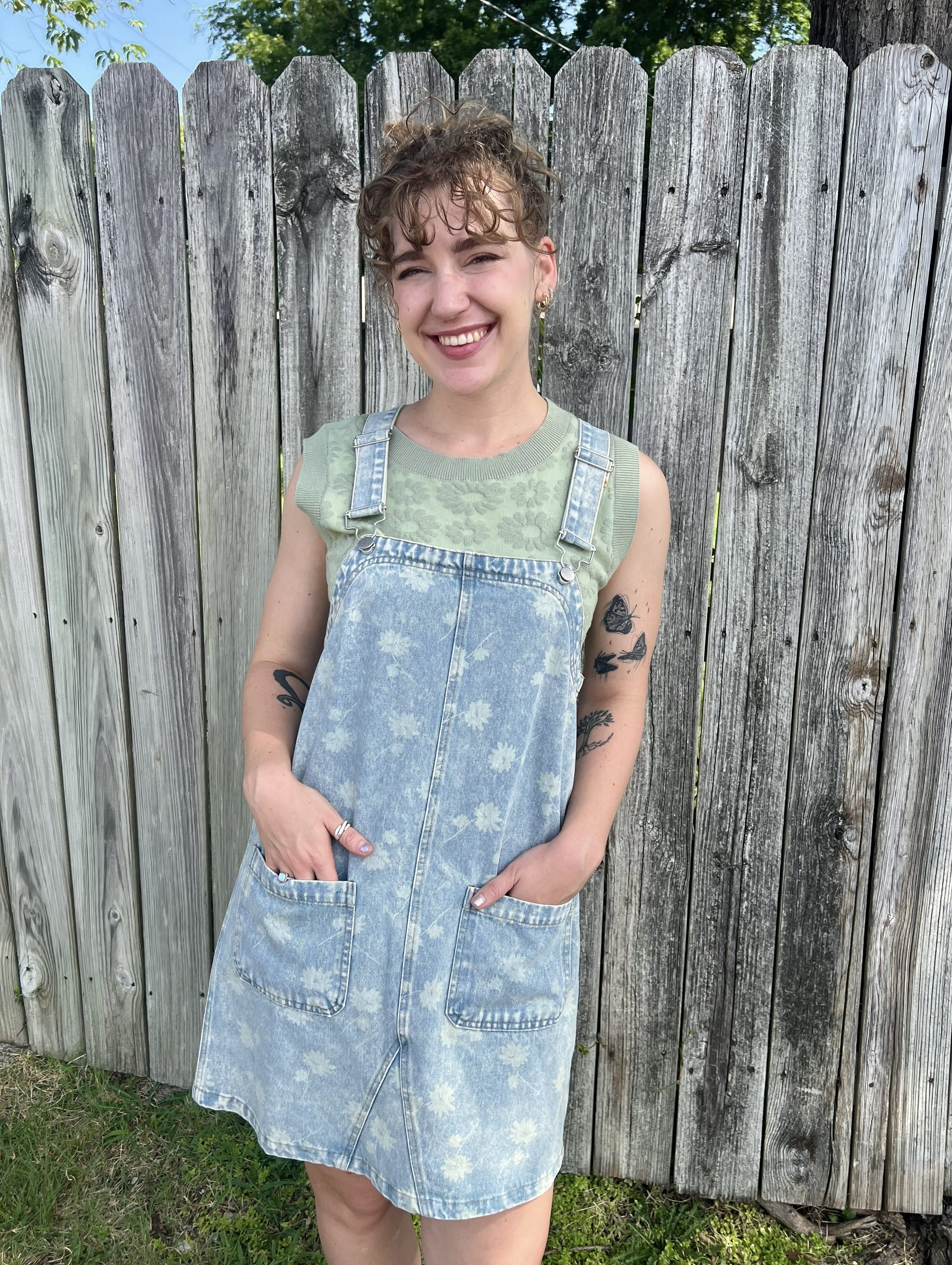Flower Print Denim Overall Dress