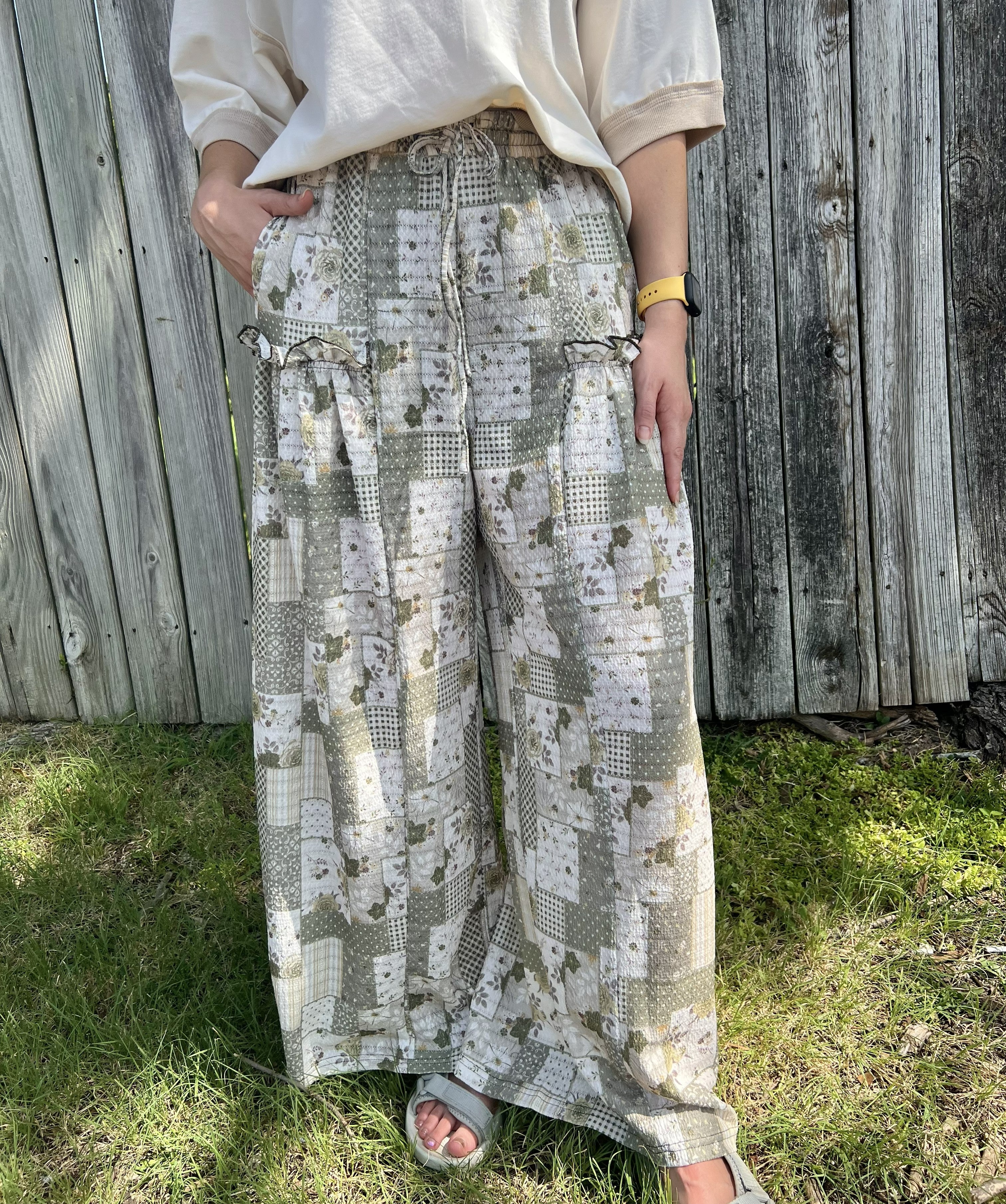 Olive Floral Patchwork Pants