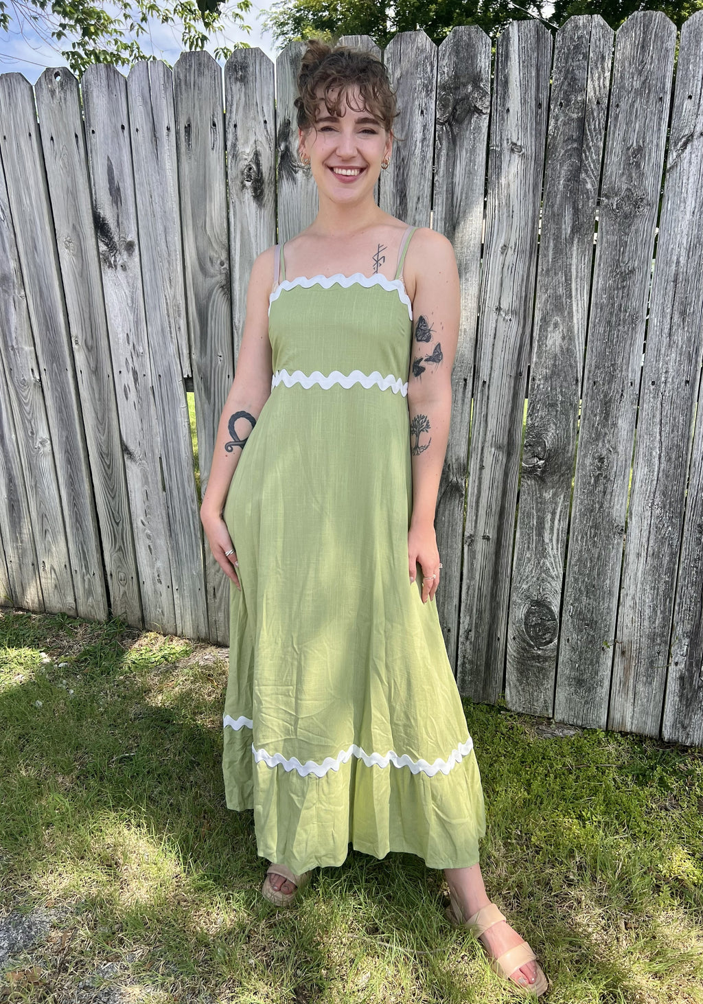 Sage with White Wavy Trim Maxi Dress
