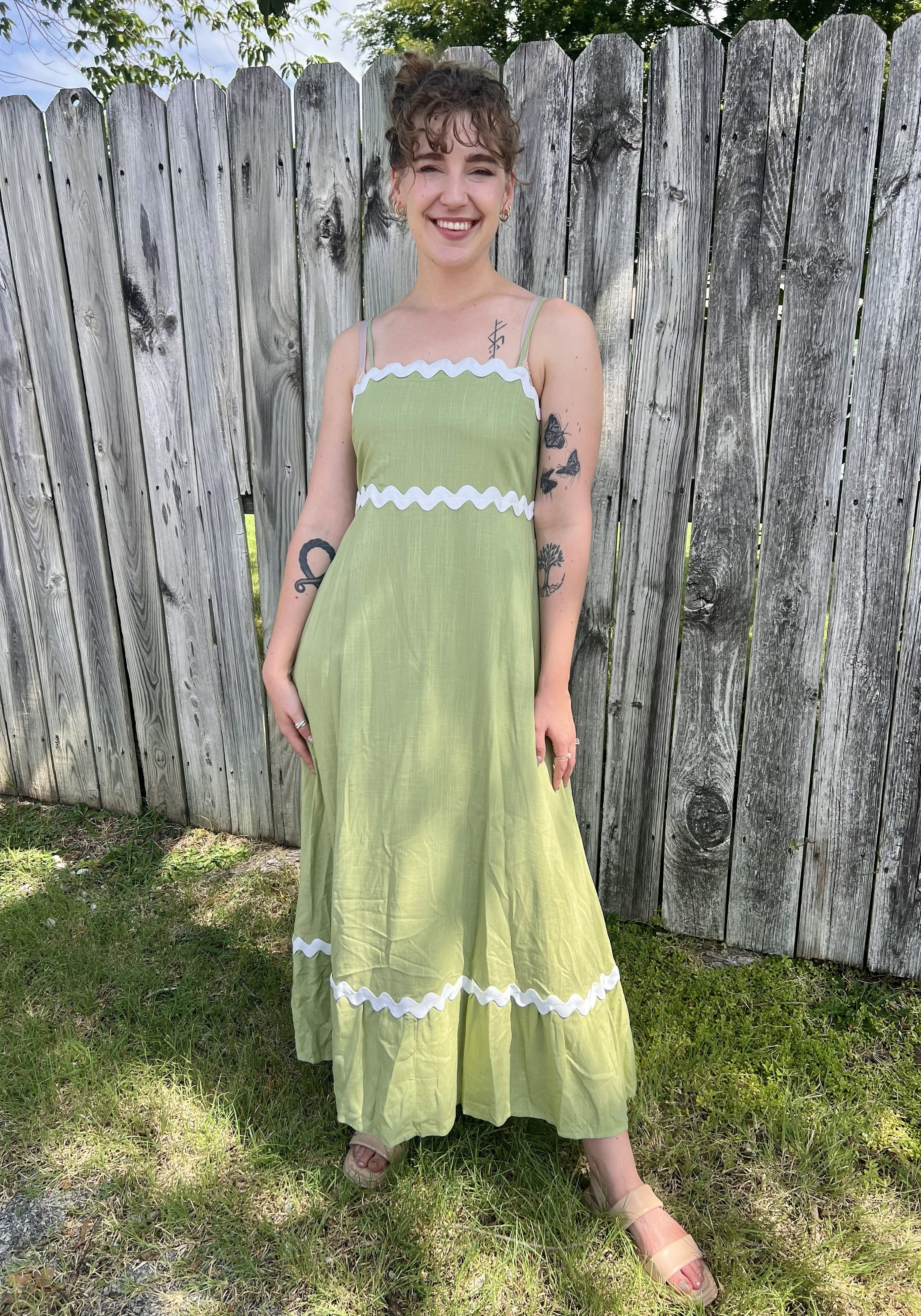 Sage with White Wavy Trim Maxi Dress