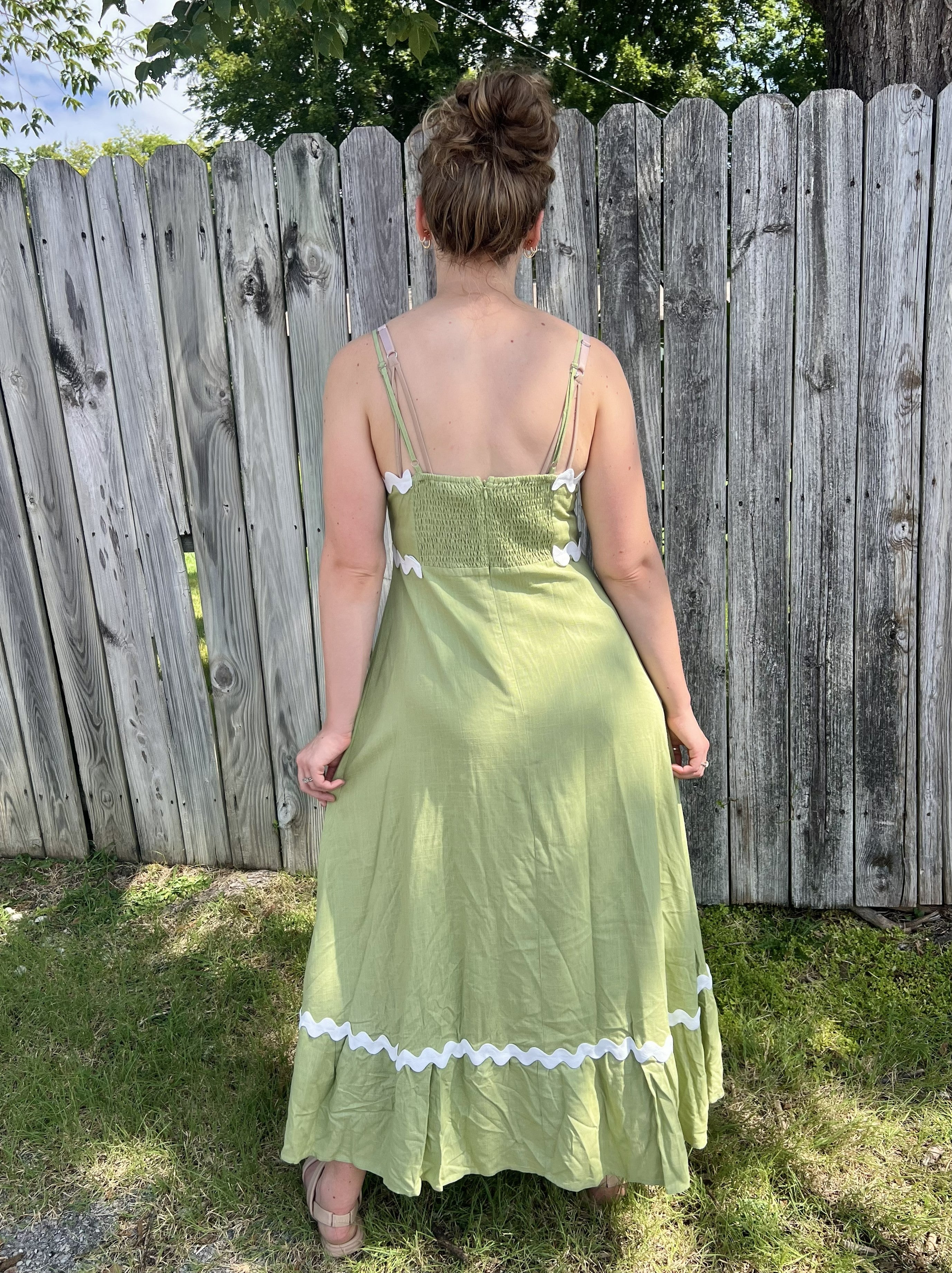 Sage with White Wavy Trim Maxi Dress