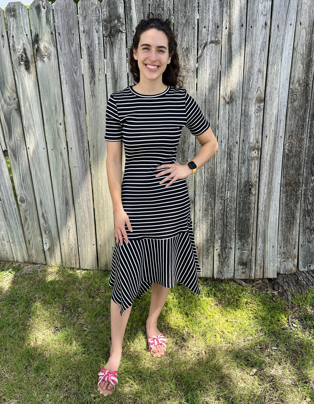 Black with White Striped Ribbed Midi Dress