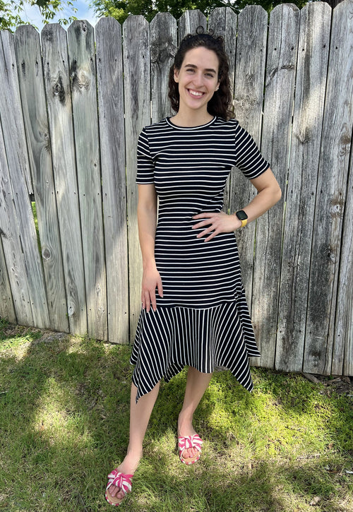 Black with White Striped Ribbed Midi Dress