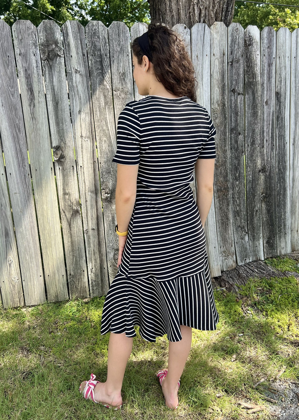 Black with White Striped Ribbed Midi Dress