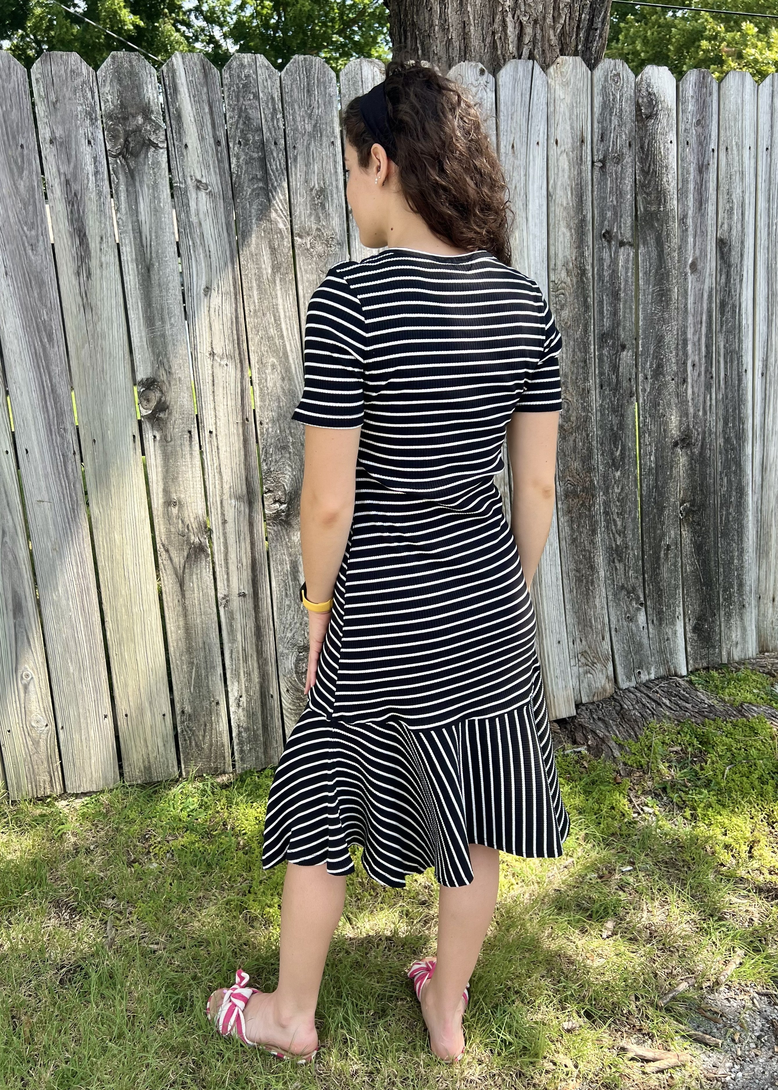 Black with White Striped Ribbed Midi Dress