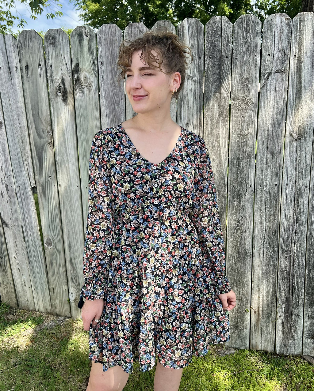 Black Floral Long Sleeve Mini Dress