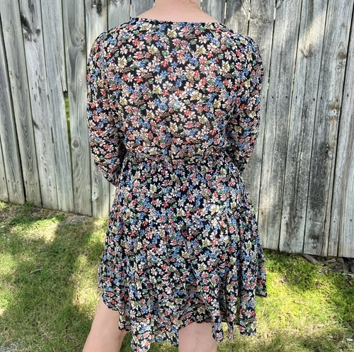 Black Floral Long Sleeve Mini Dress