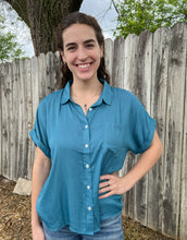 Blue Silk Button Up Top