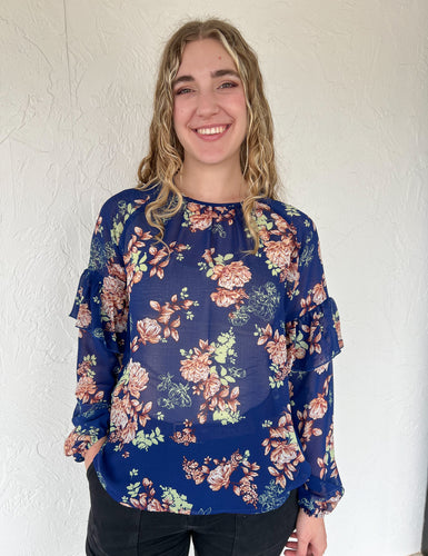 Blue Floral Ruffle Top