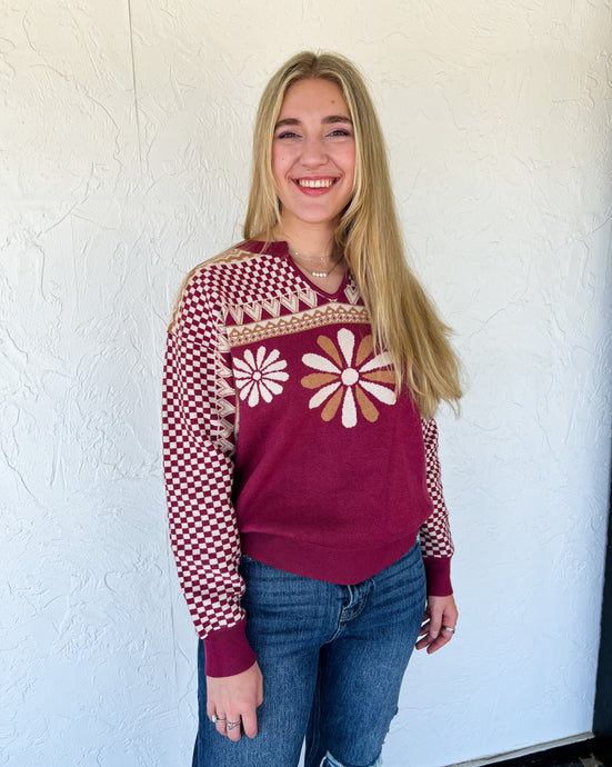 Checkered & Floral Marron Sweater