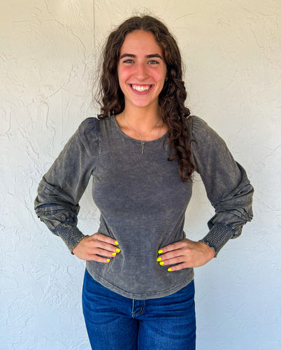 Washed Gray Balloon Sleeve Top