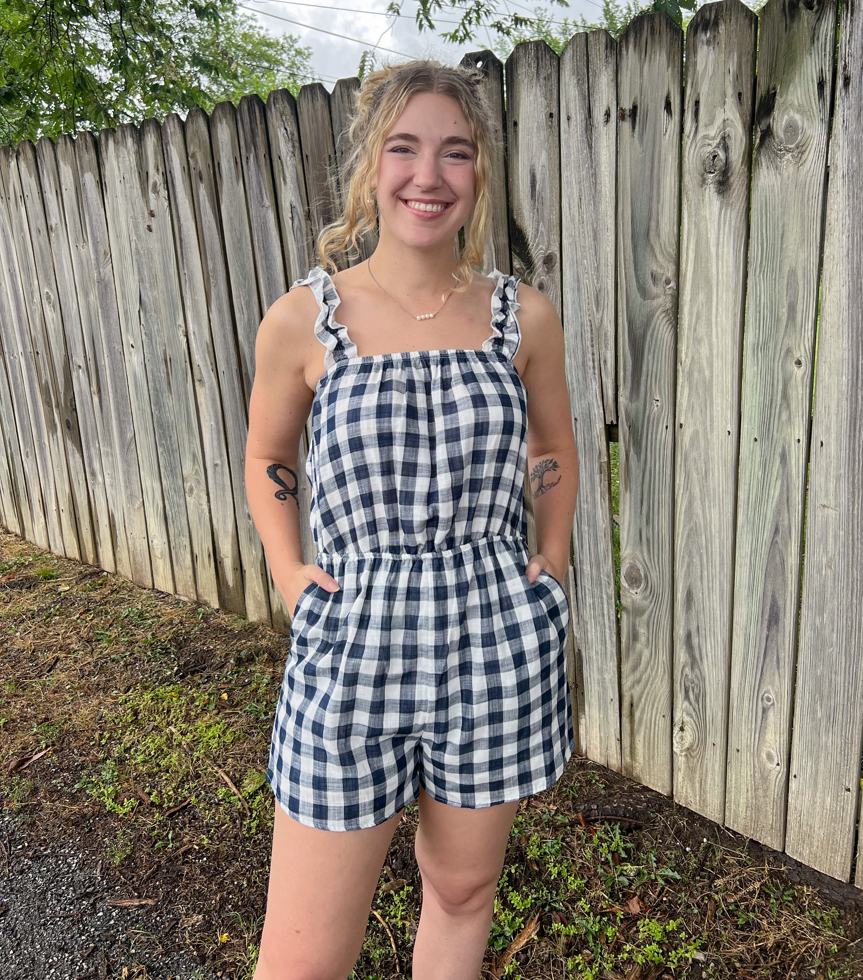 【naa】BACK RIBON ROMPER gingham Gingham Tie-Shoulder Romper -- 3-inch inseam | Old Navy