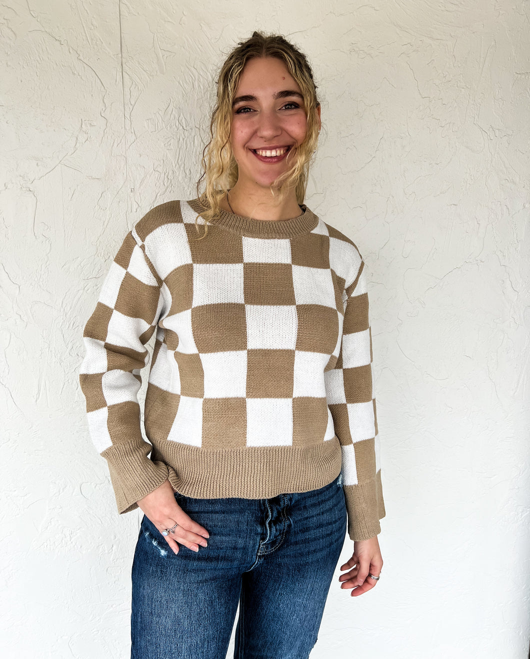 Camel & White Checkered Sweater