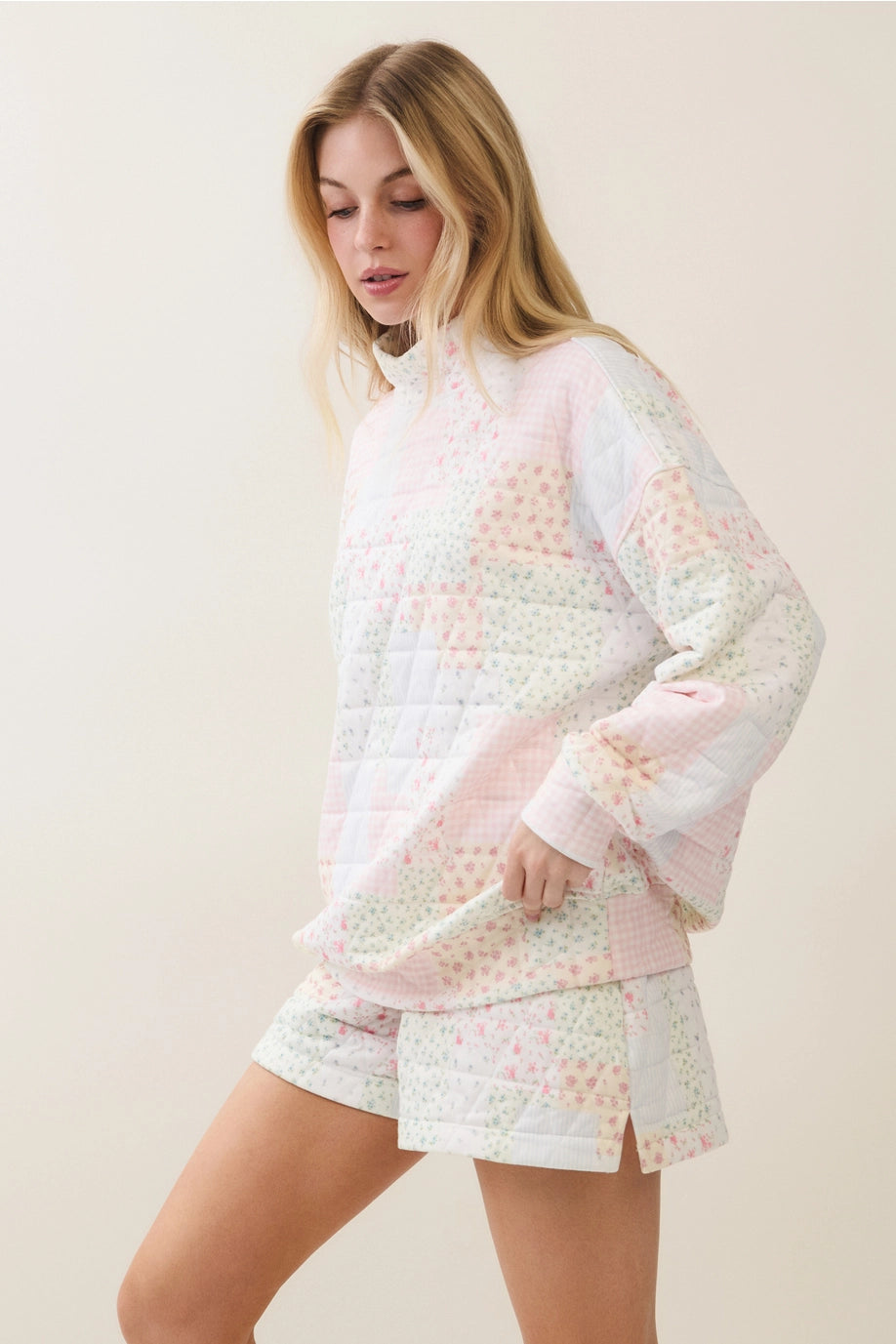 Pink Quilted Mock Neck Sweatshirt