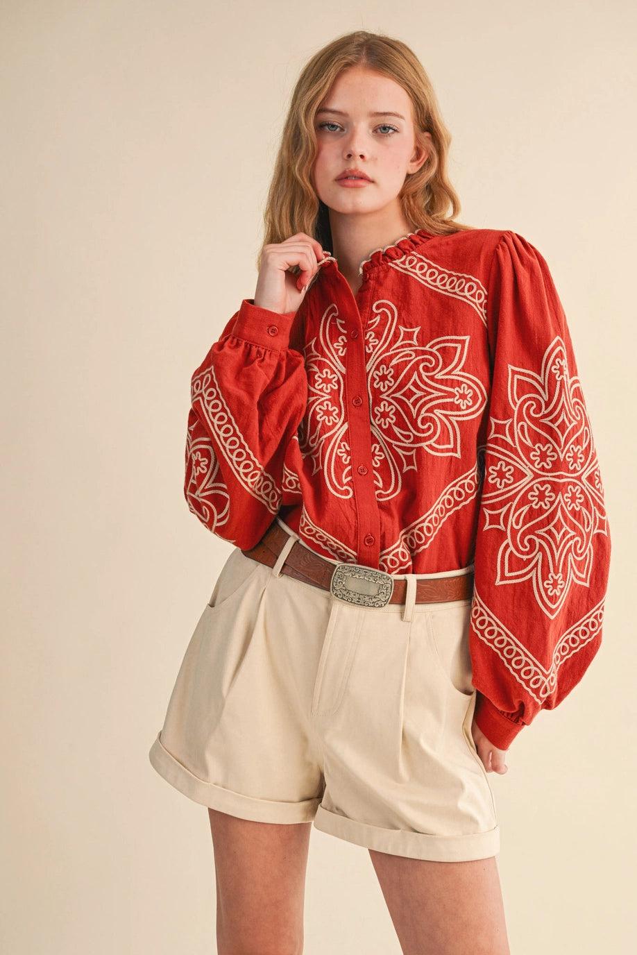 Rust Embroidered Button Up Top