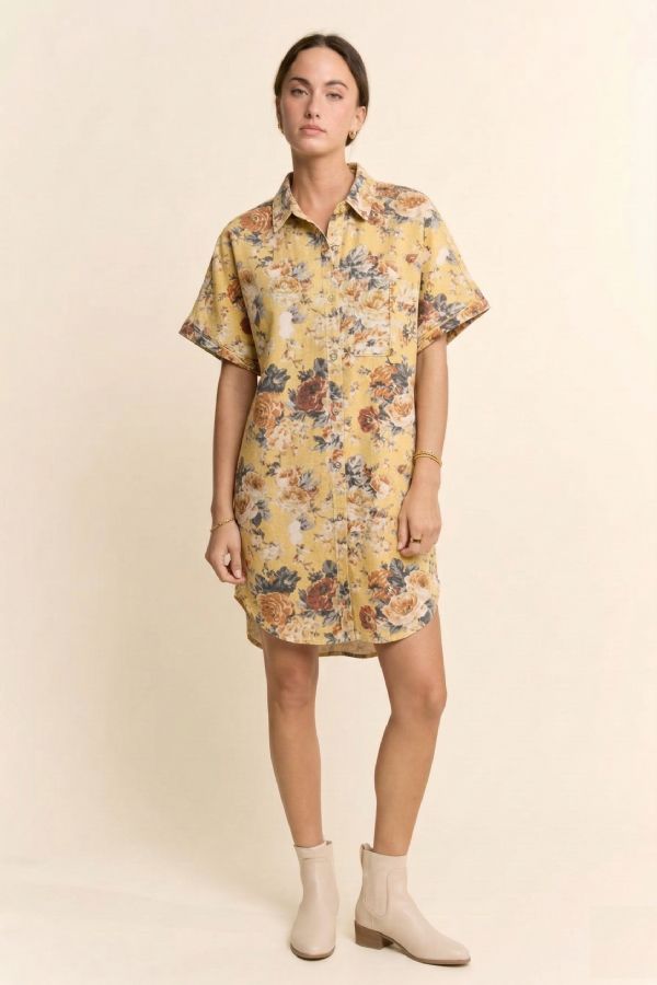 Yellow Vintage Floral Shirt Dress