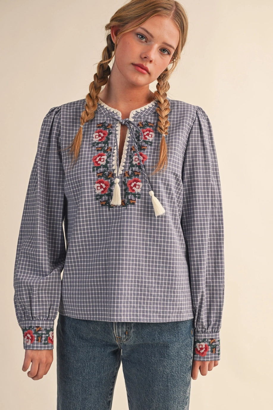 Blue Checkered Floral Embroidered Top