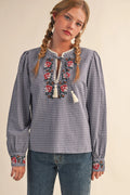 Blue Checkered Floral Embroidered Top