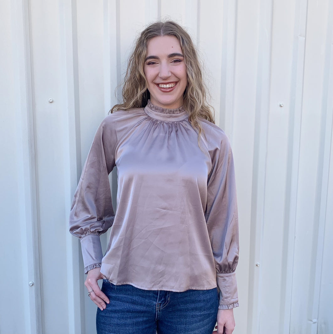 Taupe Mock Neck Silk Top